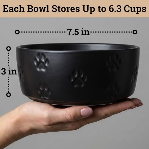 Ceramic Dog Bowl Set of 2 with Anti-Skid Base 7.5" W x 3" H, 6 Cup Capacity | Thick Ceramic, Dishwasher Safe, Anti-Skid Rubber Base, 6 Cups per Bowl, Ceramic Food & Water Bowls Set of 2 for Large Dogs - color: Black, size: Large
