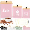 Jingmore Metal Dog Treat Containers Set of 3 with Bamboo Lids and Spoon Airtight 7+3+2 lbs Dog Food Snack Jars with DIY Labels Big Pet Cookie Storage Jar for Kitchen Counter (Pink,Funny) - color: Pink, style: Funny