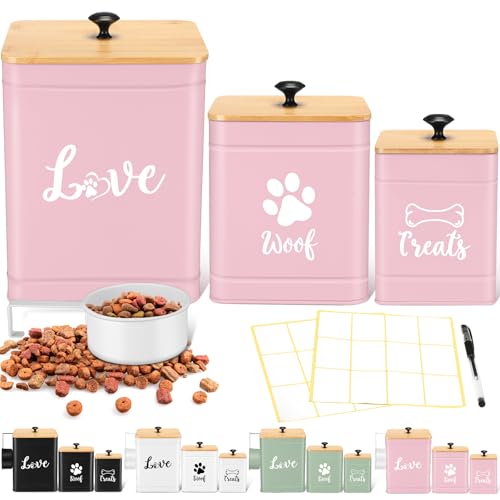 Jingmore Metal Dog Treat Containers Set of 3 with Bamboo Lids and Spoon Airtight 7+3+2 lbs Dog Food Snack Jars with DIY Labels Big Pet Cookie Storage Jar for Kitchen Counter (Pink,Funny) - color: Pink, style: Funny