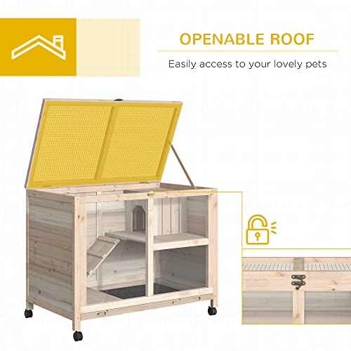 PawHut Rabbit Hutch with Wheels, Desk and Side Table Sized, Wooden Rabbit Cage, Waterproof Small Bunny Cage with Removable Tray, Openable Roof, for Indoor & Outdoor, Natural | Wooden Rabbit Cage, Waterproof Small Bunny Cage, Removable Tray, Openable Roof,