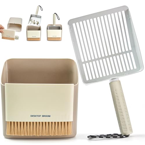 Cat Litter Scoop with Holder, Stainless Steel, Non-Slip Handle | Stainless steel litter scoop with holder captures clumps fast and includes a mini broom and dustpan for easy cleanup - color: White