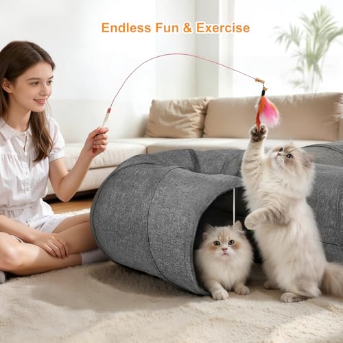 Ownpets 12" Large Cat Tunnel 3-Way U-Shape Oxford Fabric for Large Cat | Silent oxford fabric no noise, expandable 3-channel design, with plush ball ,feather wand, peek hole, for multi-cat household - size: 12 Inches in Diameter