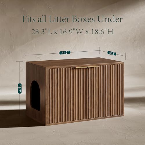 Evermagin 31.5" Cat Litter Box Enclosure Furniture, Walnut | Hidden Litter Box Cabinet, Modern Indoor Cat House, Fluted Kitty End Table for Living Room, Bedroom, Entryway - color: Walnut