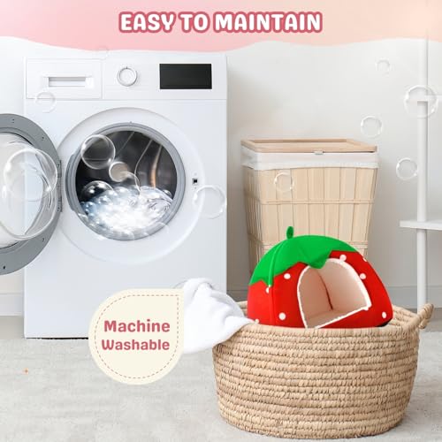 Rabbit Hideout, Washable Bunny Bed with Removable Pee Pad, Plush Indoor Rabbit House, Adorable Strawberry Design Small Animal Hideaway for Guinea Pig, Red - color: Red