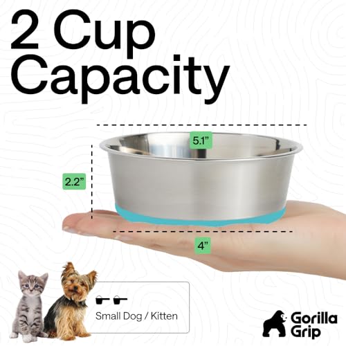 GORILLA GRIP Dog Bowl, Holds 2 Cups (16 fl oz), Food Grade 304 Stainless Steel Food and Water Bowl for Feeding Dogs and Cats, BPA Free Rubber Base, Easy Clean, Dishwasher Safe Rust Resistant Turquoise - color: Turquoise, size: 2 Cup (16 Oz)
