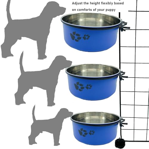Dog Crate Food and Water Bowl 2Pcs Small Pet Hanging Kennel Removable Dish Feeding Cup with Holder for Medium Large Size Cat Puppy (Blue, 5.5''X2.3''&6.3‘’X2.5'') - color: blue