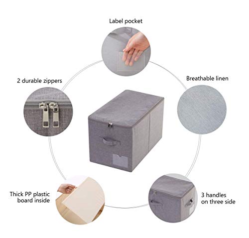 2pcs 60L Large Folding Fabric Blanket Storage Organizer Boxes with Zip Lid | 22"X13"X12.6", label pocket, folding, dustproof, save space, stackable, high-density plastic board,rigid storage bins - color: Dark Gray