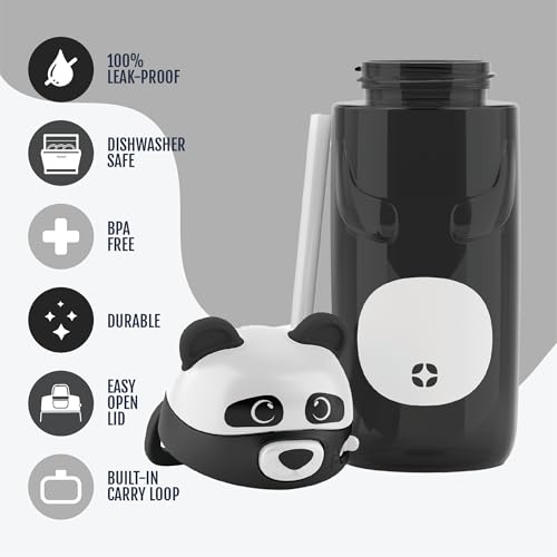 Ello Ellies 16oz BPA-Free Plastic Leakproof Kids Water Bottle, Panda | Animal shaped plastic kids water bottle with straw, leakproof locking lid, carry handle, & BPA-free design for school lunches - color: Panda, size: 16 Ounces
