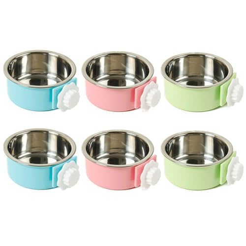 kathson Crate Dog Bowl, Removable Stainless Steel Hanging Pet Cage Bowl Food & Water Feeder Coop Cup for Cat, Puppy, Birds, Rats, Guinea Pigs (6 PCS, Size: L, 2×Blue,2×Green,2×Pink) - color: Size: Large (2×Blue, 2×Green, 2×Pink), size: 6 PCS
