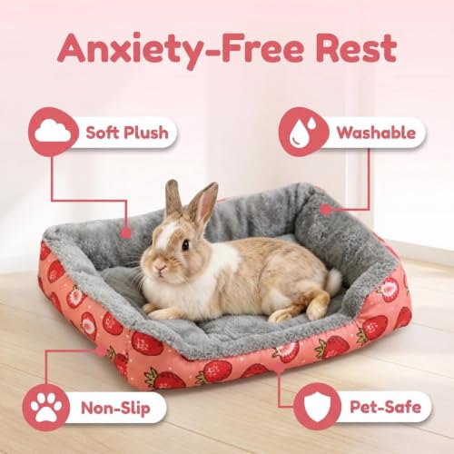 Bunny Bed, Pink Strawberry Plush Rabbit Guinea Pig Bed with Non Slip Bottom, Cozy Bed for Ferret Hamster and Other Small Animals