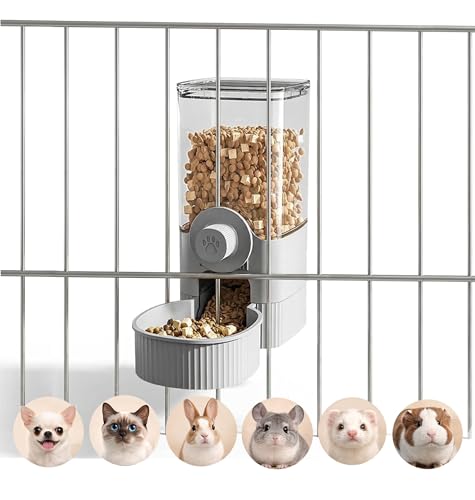 41 oz Hanging Gravity Feeder for Small Animals, Rabbits & Guinea Pigs | Adjustable Cage Height | No-Open-Cage Refill | Space-Saving | Clear Reservoir | Versatile Food Compatibility - color: Grey