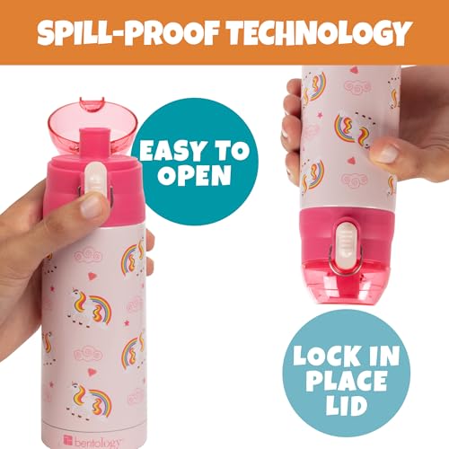 Bentology Stainless Steel 13 oz Unicorn Insulated Water Bottle for Girls – Easy to Use for Kids - Reusable Spill Proof BPA-Free Water Bottle | Double Wall Insulated, Spill Proof Lid W/Built-in Straw- Keep Liquids Hot or Cold- Easily Fits in Lunch Boxes &