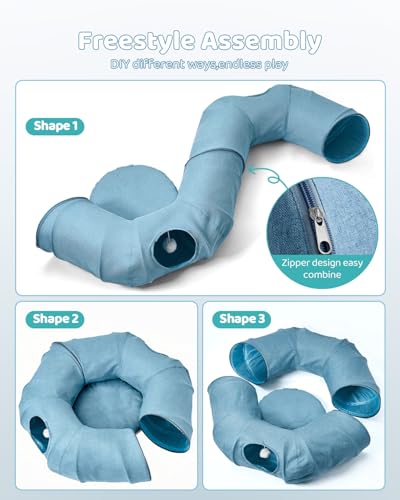 Odoland Linen Cat Tunnels with Central Cat Bed, Interactive Cat Toys Detachable Washable Soft Mat Large Indoor Play Tunnel Cave for Kittens and Small Animals - color: Linen Light Blue