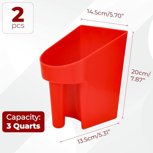 3 Quart Enclosed Feed Scoop Livestock – 2 Pack Stackable Pet Food Red Scoops, Durable Super Heavy-Duty Plastic Grain Scooper for Dog, Cat Litter, Flour, Rice, Chicken, Garden Soil, Barn, Ranchers Farm