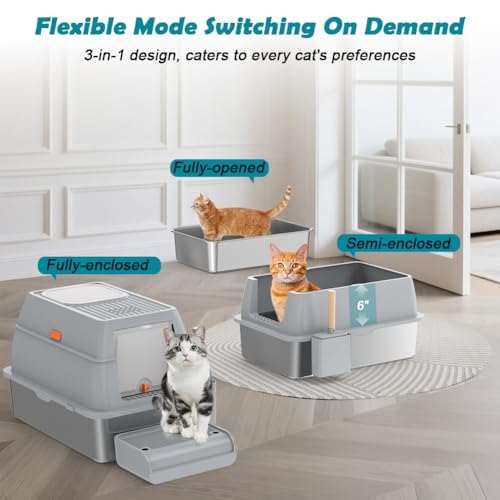 SZEE XL Stainless Steel Litter Box with Lid, Extra Large Metal Covered Litter Box, Stainless Box Easy Clean, Activated Charcoal Odor Control Design, Includes Litter Scoop & Mat & Step, Grey - color: Gray
