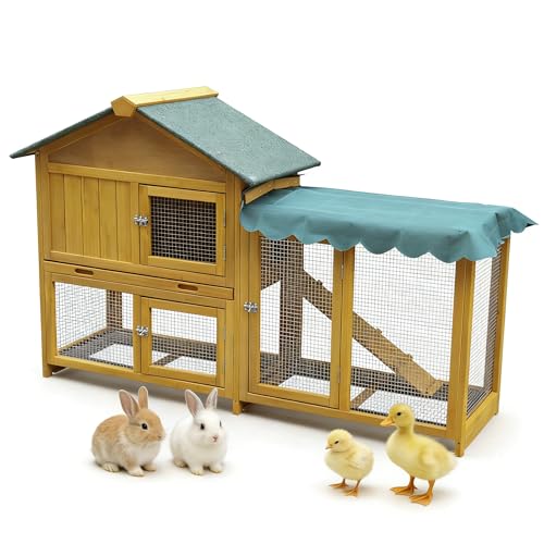 Outdoor Rabbit Hutch, Wooden Rabbit House, Equipped with Rainproof roof, Removable Pull-Out Tray and ramp. Made of Solid Wood, Suitable for Rabbits, Chickens and Ducks.Rabbit cage