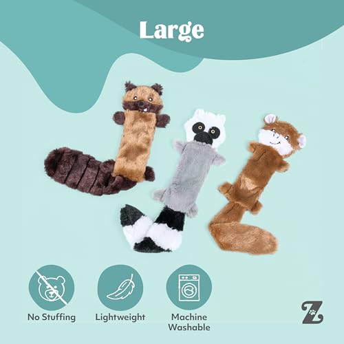 ZippyPaws Skinny Peltz No Stuffing Dog Toy Pack to Keep Them Busy - 18" | For Medium and Large Dogs, Squeaky Pet Toys, Unstuffed Chew Toys, Soft Plush Variety Pack, Chipmunk, Lemur, and Monkey - style: Chipmunk, Lemur, Monkey - Large (3-pack)