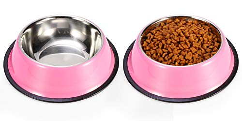 Stainless Steel Dog Bowls, Food and Water Non Slip Anti Skid Stackable Pet Puppy Dishes for Small, Medium and Large Dogs (2 Pack) - color: Pink, size: 1.5 Cup/12 oz