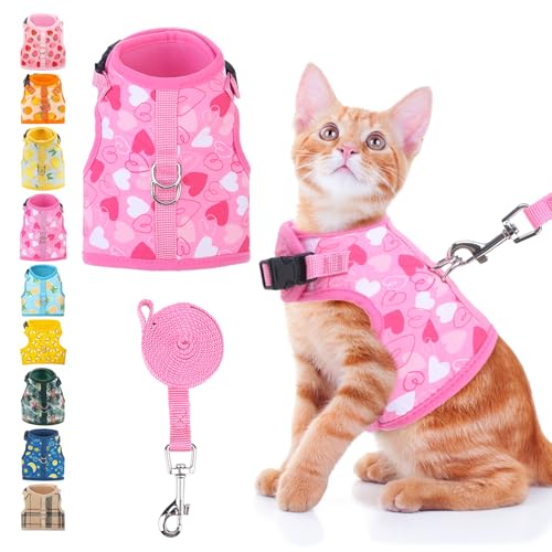 BINGPET Cat Harness and Leash Set, Escape Proof and Adjustable, Large | Step-in Vest, Lightweight Soft Breathable Mesh, Hook & Loop, Easy Control for Medium & Large Cats Walking Travel - color: Heart, size: Large