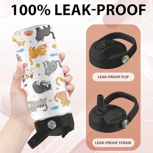 Cute Water Bottle with Straw Lid, 16 oz Cat Water Bottle, Cat Gifts | Stainless Steel Insulated Tumbler, Cute Cats Birthday Cups Gifts for Boys Girls Cats Lovers - color: Cats
