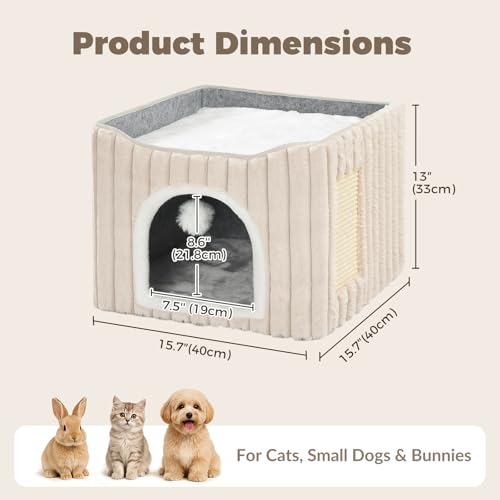Avont 3-in-1 Cat Cave Bed for Indoor Cats with Scratch Pad | Scratch Pad & Hanging Ball, Large Hideaway for up to 20 LBS, Washable Cushion, Foldable Design, Available in Grey & Cream - color: Cream