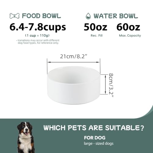 Havniva Ceramic Dog Bowls, 8.3” Dog Food and Water Bowl, Pet Feeding Bowl | Dog Food Bowl for Large Dogs, Food-Grade Ceramic, Dog Water Bowl with Non-Slip Rubber Base, Large Capacity, Dishwasher Safe - color: Matte White