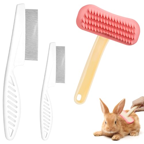 3Pcs Rabbit Brush Bunny Grooming & Flea Comb, Practical Animal Brush for Groomings, Soft Silicone Small Animal Massage Comb, Bunny Grooming Kit Suitable for Cats Puppies & Other Pets - color: 1pc/pink-Flea brush