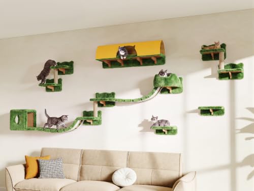 16-in-1 Cat Wall Shelves, Cat Furniture w/Tunnel & Bridge, Green | Wall Mounted Cats Shelf Set with Plush Fabric, Cat Climbing Wall Systems for 16 Inch Drywall, with Scratching Posts, Condos - color: Green, size: 16-in-1
