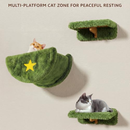 13-in-1 Cat Wall Shelves, Moon & Bridge Cat Wall Furniture, Green | Wall Mounted Cats Shelf Set with Plush Fabric, Cat Climbing Systems for 16 Inch Drywall, Condo, Scratching Post, Space-Saving - color: Green, size: 13-in-1