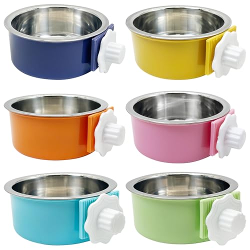 Tfwadmx 6 Pcs Crate Dog Bowl Cat Removable Stainless Steel Food and Water Feeder Hanging Cage Bowls Coop Cup with Cleaning Set for Pet Puppy Bird Rat Guinea Pig Ferret Bunny Rabbit - color: navy,blue,yellow,orange,pink,green (6 PCS)