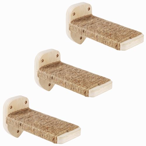 3-in-1 Cat Climbing Wall Steps with Hemp Rope, Shelves and Perches, Scratching Pads for Cats Playing and Climbing (Wood) - color: Wood