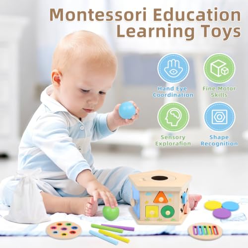 Wooden Activity Cube, 8-in-1 Montessori Toys for 1+ Year Old | Fine Motor Skills Developmental Learning Toys for Toddlers 1-3, First Birthday Gifts for Girls Boys