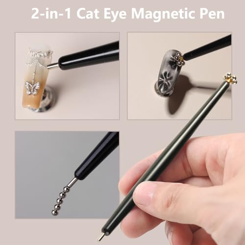 Cat Eye Magnet for Nails 6 PCS, Super Long Double-head Nail Polish Magnet Pen, Flower Design Nail Magnetic Pen, Stick for 3D French Cat Eye Gel Polish with Y/V Shape Clippers Heart Magnetic DIY Tools - color: 6pcs