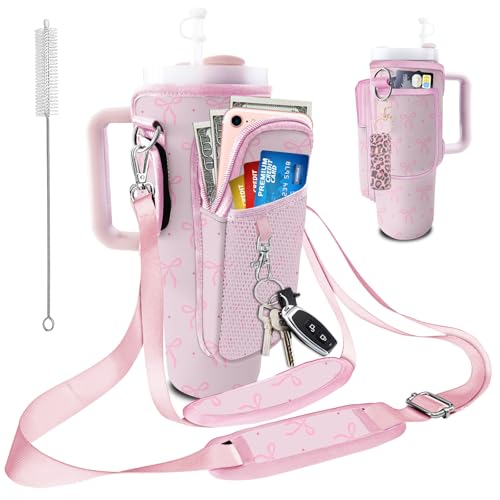 Stanley Carrier Bag for Stanley 40oz/30ozTumbler with Phone with 2 Adjustable Strap,3 Pockets Bottle Stanley Cup Carrier Bag & Case,Accessories for Hiking Travelling - color: Pink Bow