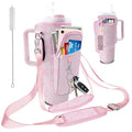 Stanley Carrier Bag for Stanley 40oz/30ozTumbler with Phone with 2 Adjustable Strap,3 Pockets Bottle Stanley Cup Carrier Bag & Case,Accessories for Hiking Travelling - color: Pink Bow