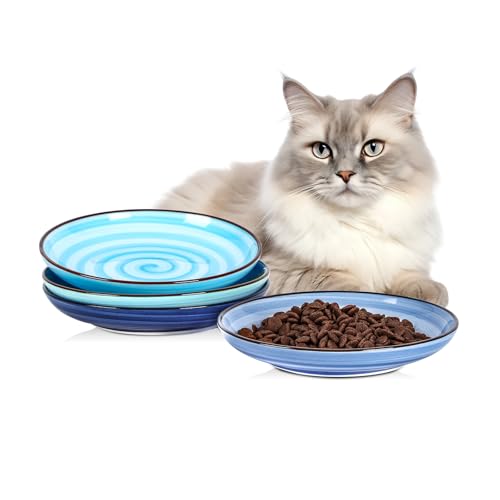 Selamica Ceramic Cat Bowls, 6 Inch Cat Food Bowl Whisker Friendly, Shallow Wide Kitten Plates for Food and Water, Set of 4, Gradient Blue - color: Gradient Blue, size: 6 Inch, Set of 4