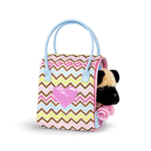 Pucci Pups Plush Puppy Set, Pug with Zigzag Carrier Bag, Pet, 3-Piece Set | 3-piece toy pet set with plush pug, pink zigzag carrier bag, and comb for pretend pet play; mesh zip front; 2+ Years - style: Pug - Zigzag Print Bag