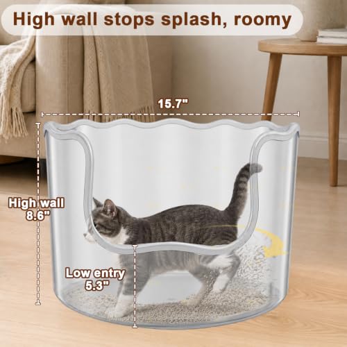 Round Stainless Steel Cat Litter Box High Sided, Large Metal Litter Box with Fashion Woven Belt, Easy Access & Turning Litter Pan for Medium & Senior Cats, Kittens, Odor Control, Easy to Clean