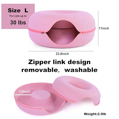 Large Cat Tunnel Bed for Indoor Cats with 3 Toys, Scratch Resistant Donut Cat Bed, Up to 30 Lbs (L 24x24x11, Pink) - color: Pink
