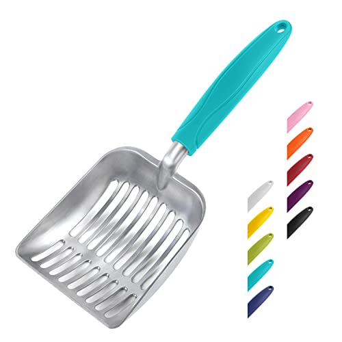 Cat Litter Scoop, Aluminum Alloy Sifter, Kitty Metal Scooper, Deep Shovel, Long Handle, Poop Sifting, Kitten Pooper Lifter, Durable, Heavy Duty, for Litter Box - color: FLAT Aluminum \ #02 Turkish Blue Handle, size: Small