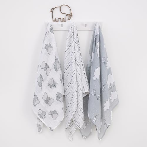 Disney Dumbo 3 Piece Muslin Swaddle Baby Blanket Set - color: Dumbo Gray and White