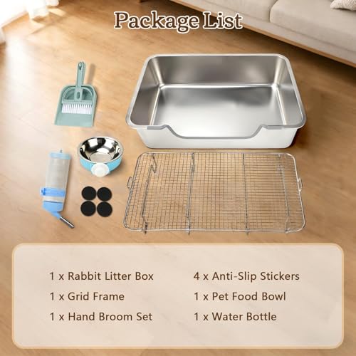 Rypet Large Stainless Steel Rabbit Litter Box Set for Small Animals | High Sides & Low Entry, 304 Stainless Steel Sifting Tray, Bowl and Bottle Included, Non-Slip, Easy to Clean, Odor Control - size: XL(23.6"×15.7"× 5.9")