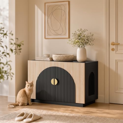 Amunrbrek Cat Litter Box Enclosure Furniture, 31.5" Arched Fluted Cabinet - color: Black and Natural