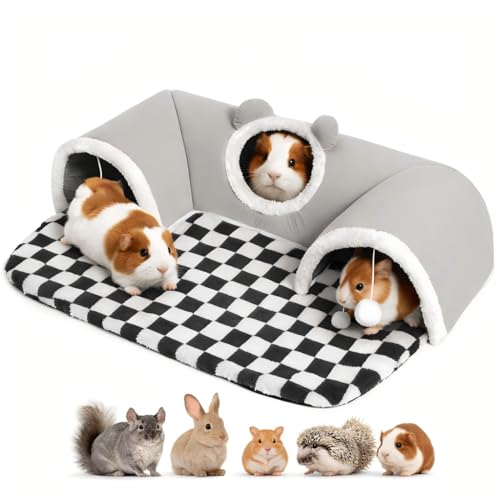 Large Guinea Pig Hideout Tunnel with Removable Warm Bed, 3-Cave Small Animal Hideaway Play Tunnel, Cozy Cage Accessories for Hamsters, Chinchillas, Rats