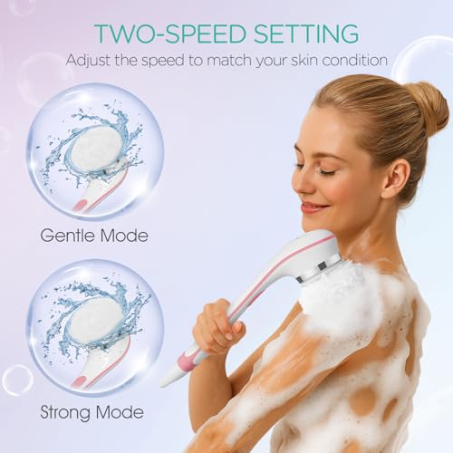 VOYOR Electric Body Brush Back Scrubber for Shower for Women Rechargeable | Exfoliating Bath Brush Powered Shower Brush with Non-Slip Long Handle Deep Cleansing, Exfoliating, Massage Brush, BC100, Pink - color: Pink