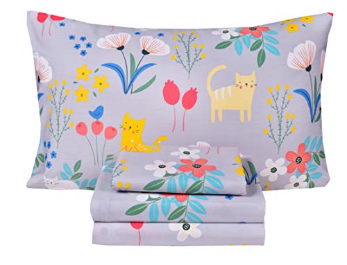 Scientific Sleep Kitty Cats Flowers Girls Kids Teen Girls 100% Cotton Twin Bed Sheet Set, Flat Sheet & Fitted Sheet & Pillowcase Bedding Set (Cats Flower, Full) - color: Cats Flower, size: Full