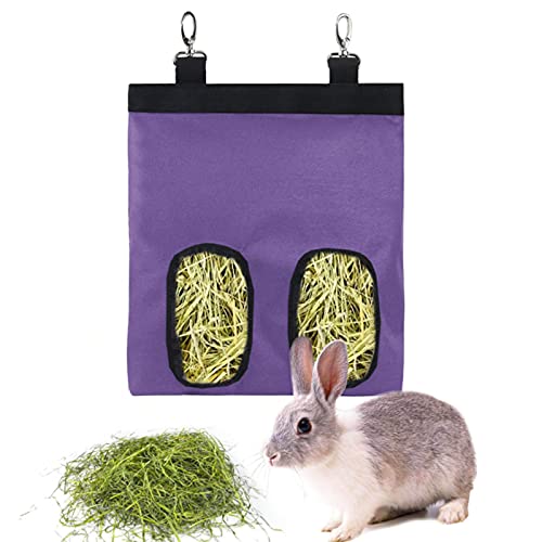 Rabbit Hay Feeder Bag Hanging Hay Rack (Purple, 2 Windows) | Guinea Pigs Manger Holder Dispenser Small Animal Feeder Storage Pouch for Bunny Chinchilla Hamster - color: Purple