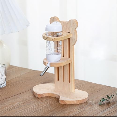 Hamster Water Bottle with Wooden Food Container Base for Dwarf Hamster Gerbil Small Animals (White, 80ml(2.7oz))