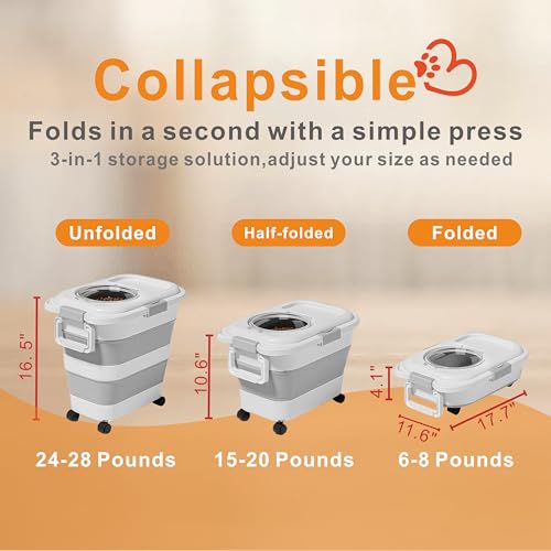24-28 Lbs Airtight Collapsible Dog Food Storage Container with Wheels & Scoop – Foldable Pet Food Storage Bin for Dog & Cat Food, Animal Food Storage, Dog Supplies Storage Container