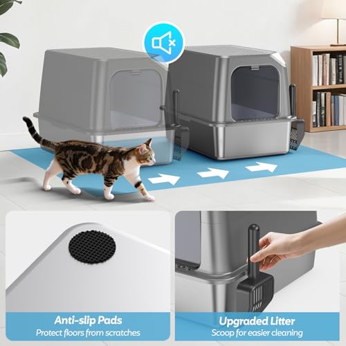 XL Stainless Steel Litter Box with Lid, Enclosed Cat Litter Box,Front Entry | XL for Big Cats, High Sides Enclosed Design, Anti-Urine Leakage, Non-Stick Odor-Free, Easy Clean, Reduce Litter Tracking - color: 14 - Light Gray (Pack of 1)